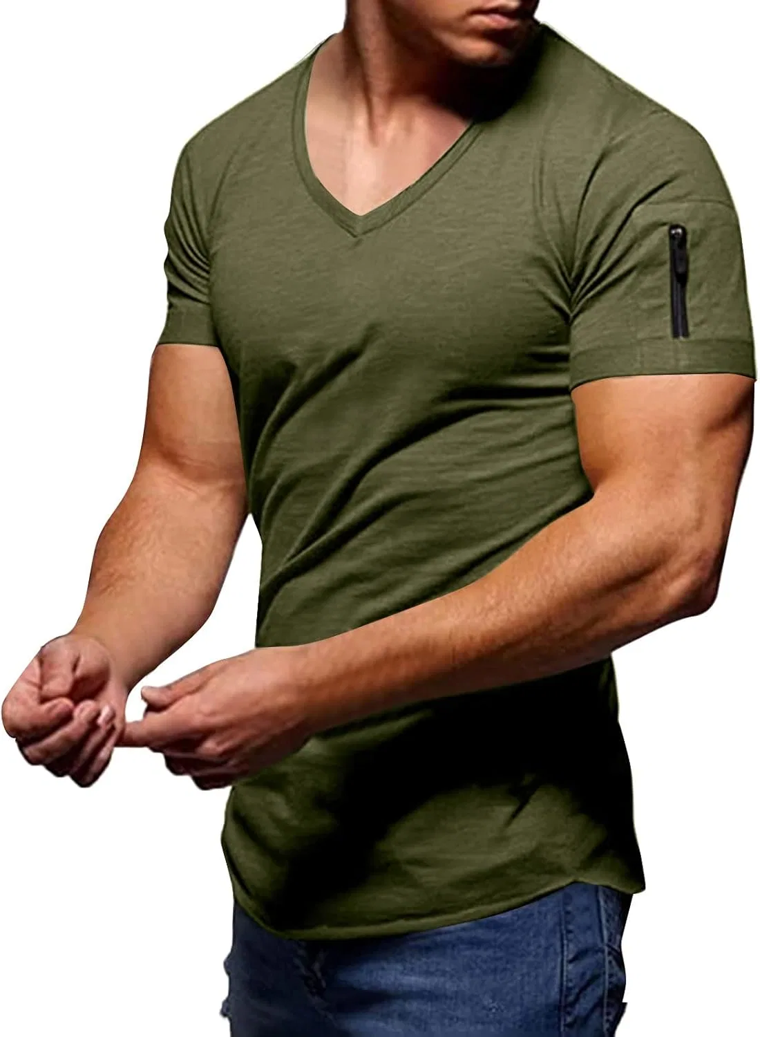 Мужская облегающая футболка V-образным вырезом Athletic, Army Green