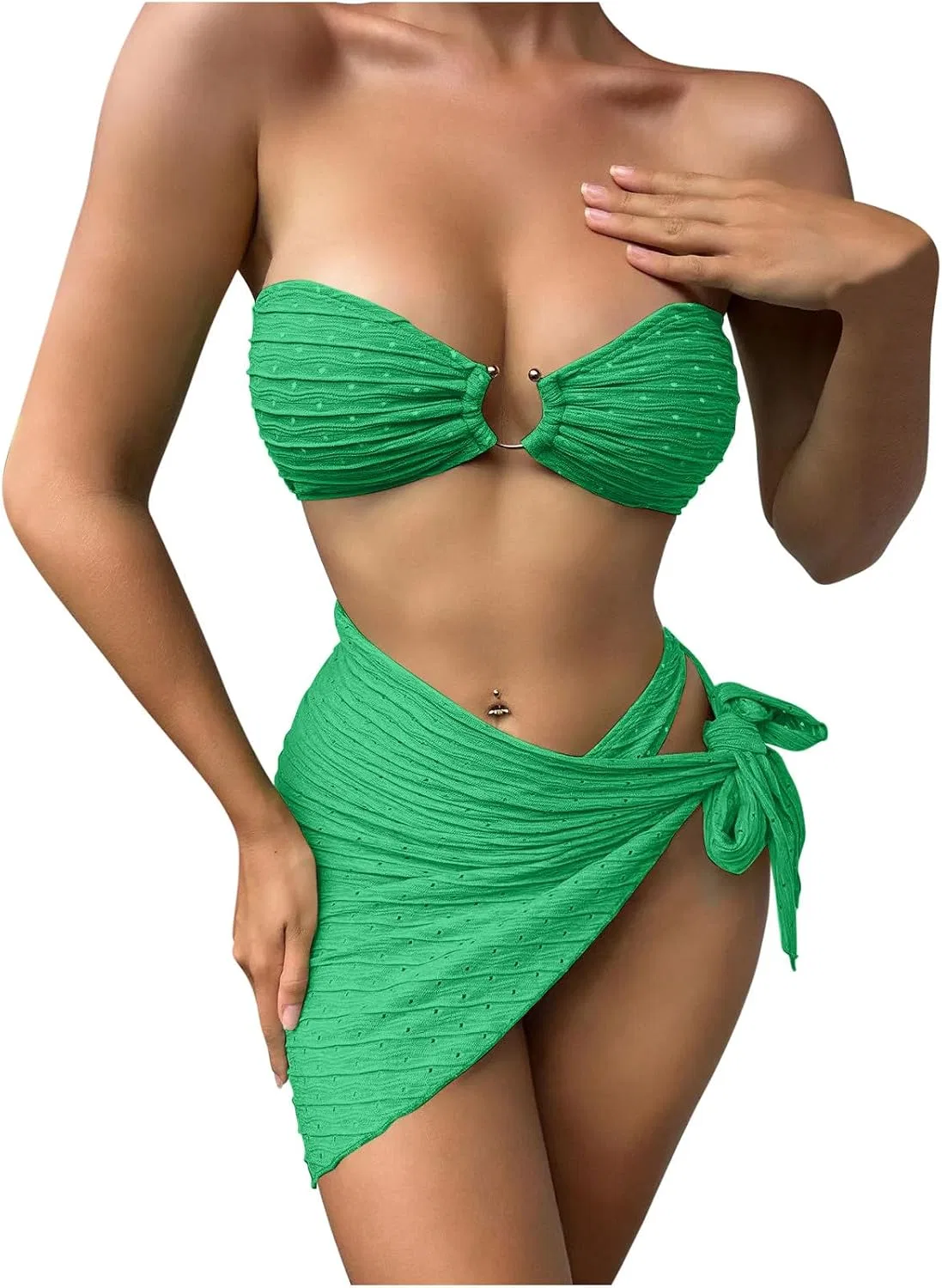 Женский бикини-комплект с бандо и кольцом, Black/Green