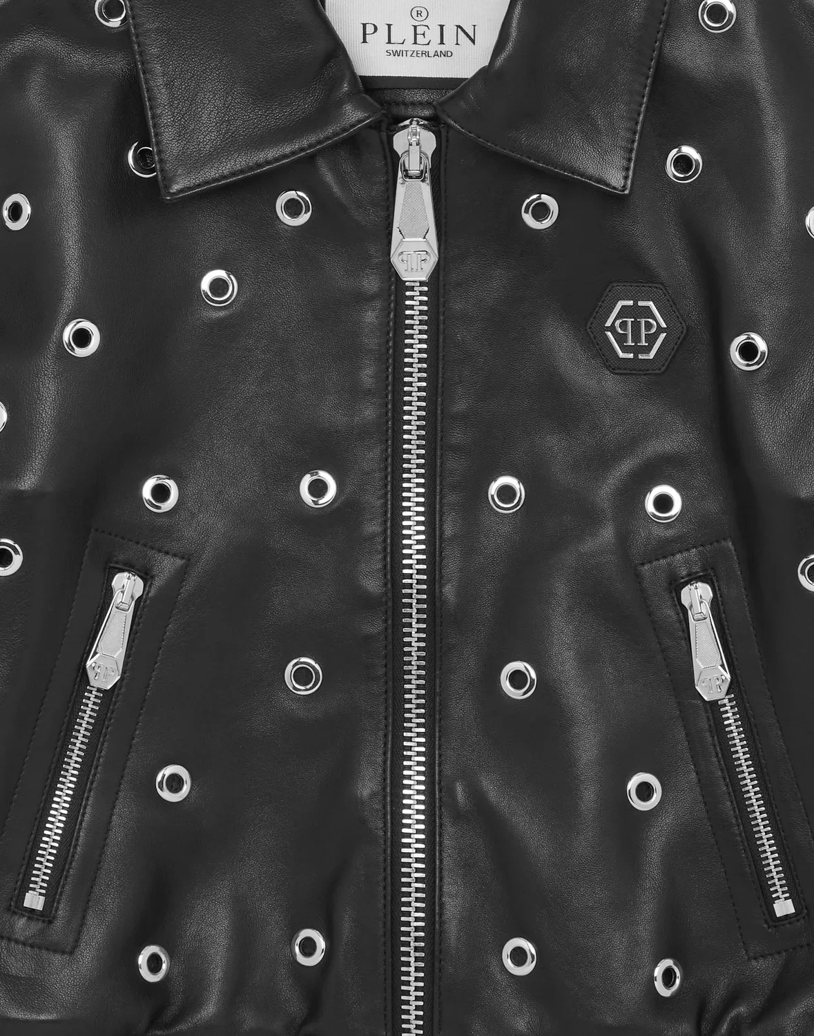 Детская кожаная куртка-бомбер с люверсами Cropped Leather Bomber LS Eyelet PHILIPP PLEIN, черный — фото 3