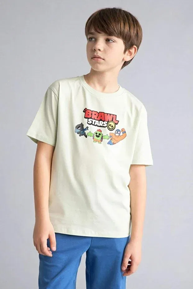 Детская футболка для мальчиков с принтом Brawl Stars Oversized Crew Neck Short Sleeve T-Shirt Defacto, Green Gn1139 — фото 4