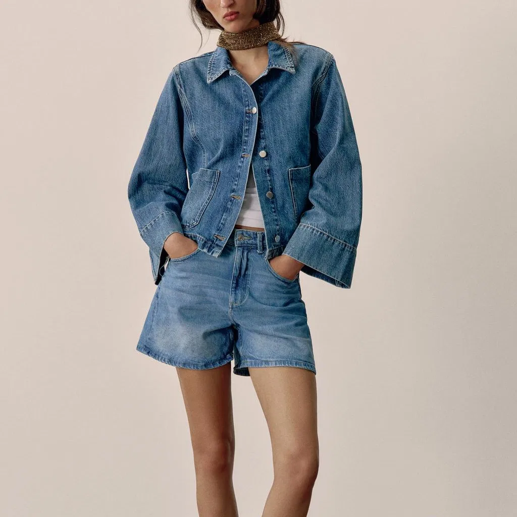 Женская джинсовая куртка с лацканами Medium Blue, ZARA — фото 4