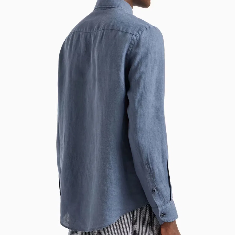 Мужская рубашка с французским воротником Garment Dyed Linen Shirt EMPORIO ARMANI, Blue — фото 4