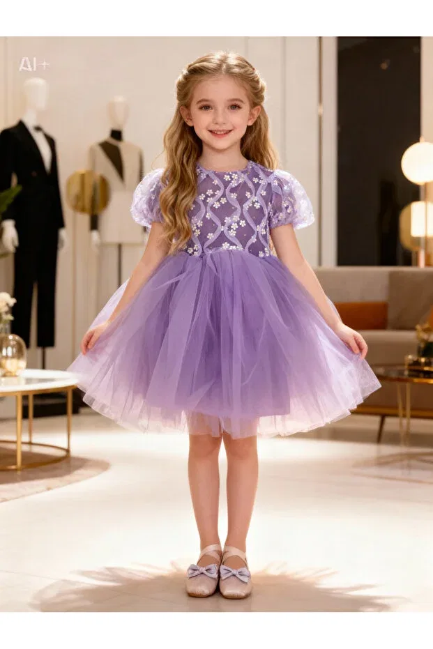 Детское платье-пачка для девочек с воздушным рукавом Daisy puffy tulle dress Lunas Tekstil, Lilac — фото 2