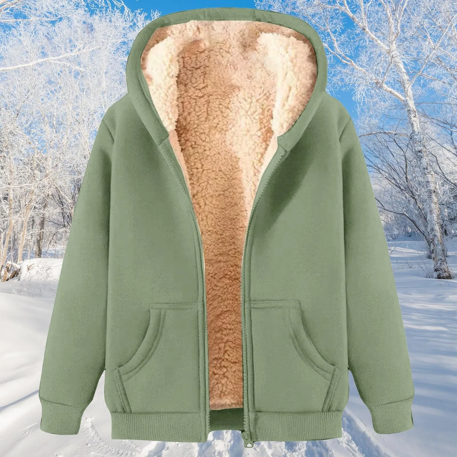 Женское худи на молнии с флисом и подкладкой из шерпы, Light Green — фото 3
