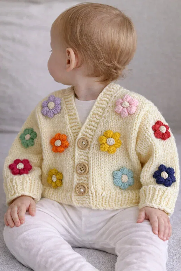 Детский кардиган для девочек с принтом Hand-Knitted cream color colorful daisy buttoned baby girl cardigan Seraskids, Nude Color