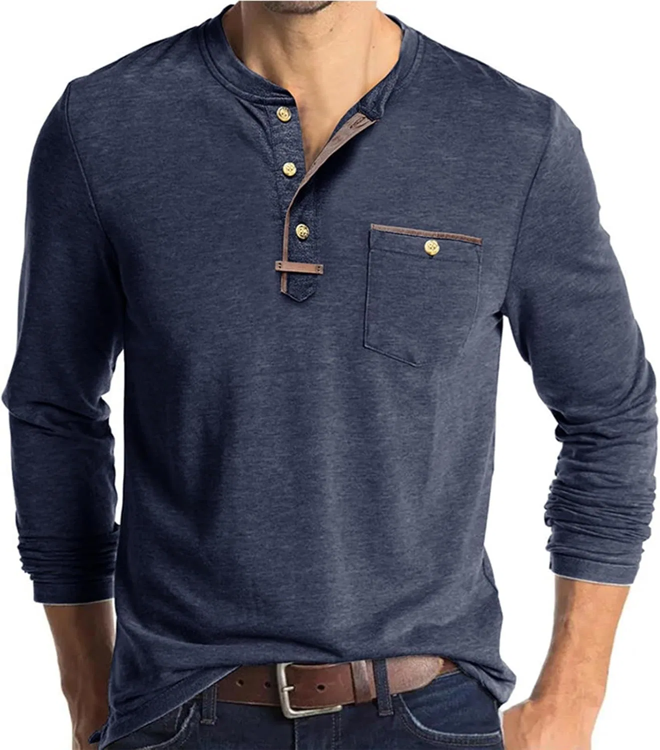 Мужская повседневная футболка с длинным рукавом Henley, Dark Blue