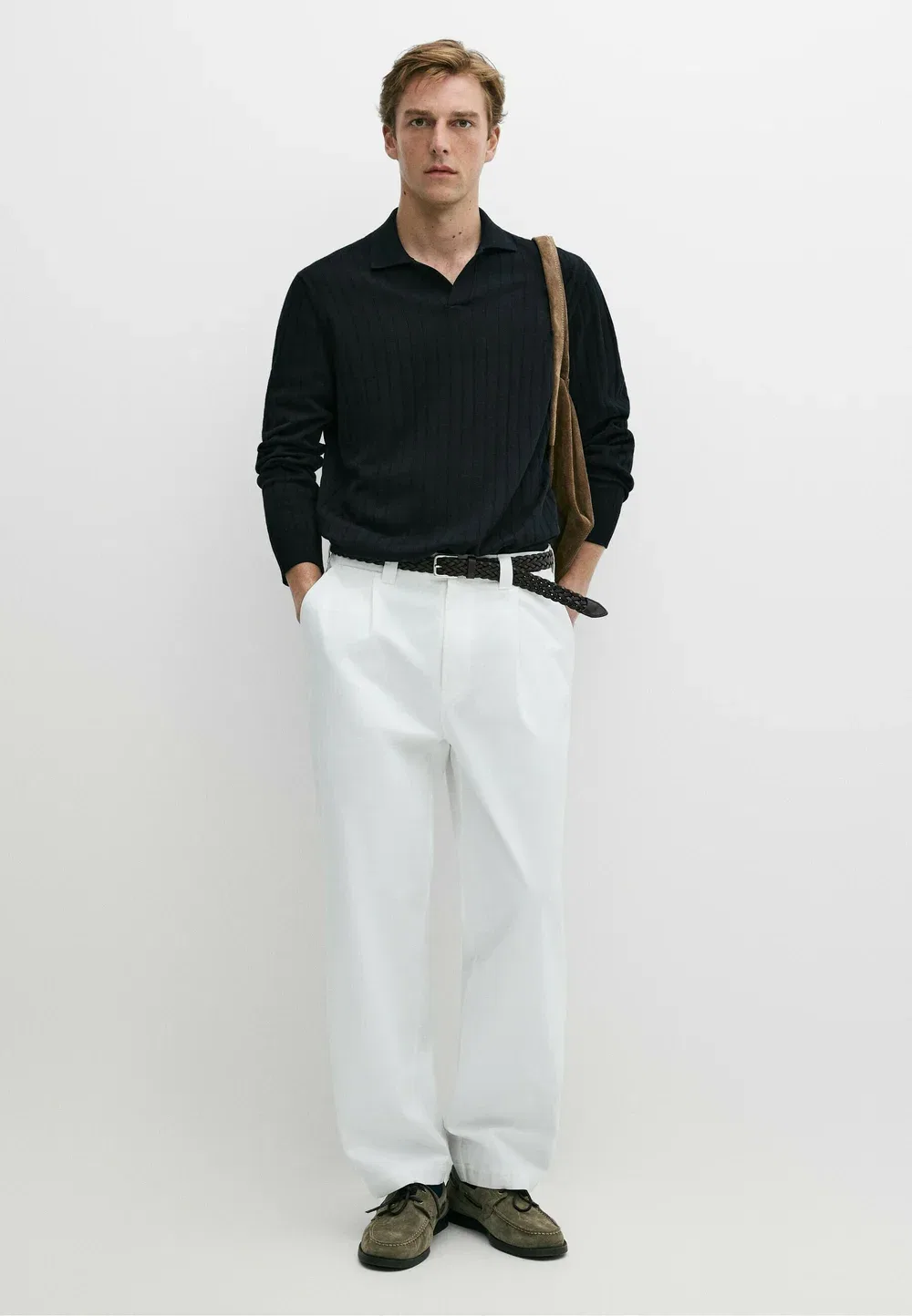 Вязаный поло-свитер из 100% хлопка - рубашка поло Massimo Dutti, Mottled Dark Blue — фото 2