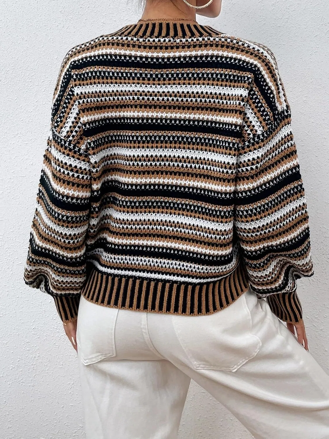 Женский свитер с длинным рукавом, Drop Shoulder Lantern Sleeve Striped, мультиколор — фото 4