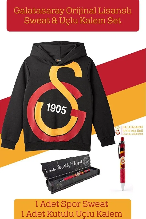 Детские свитшот для девочек с принтом Genuine licensed big logo kids sweat + nib pen set Galatasaray, Black-Red Pen Set