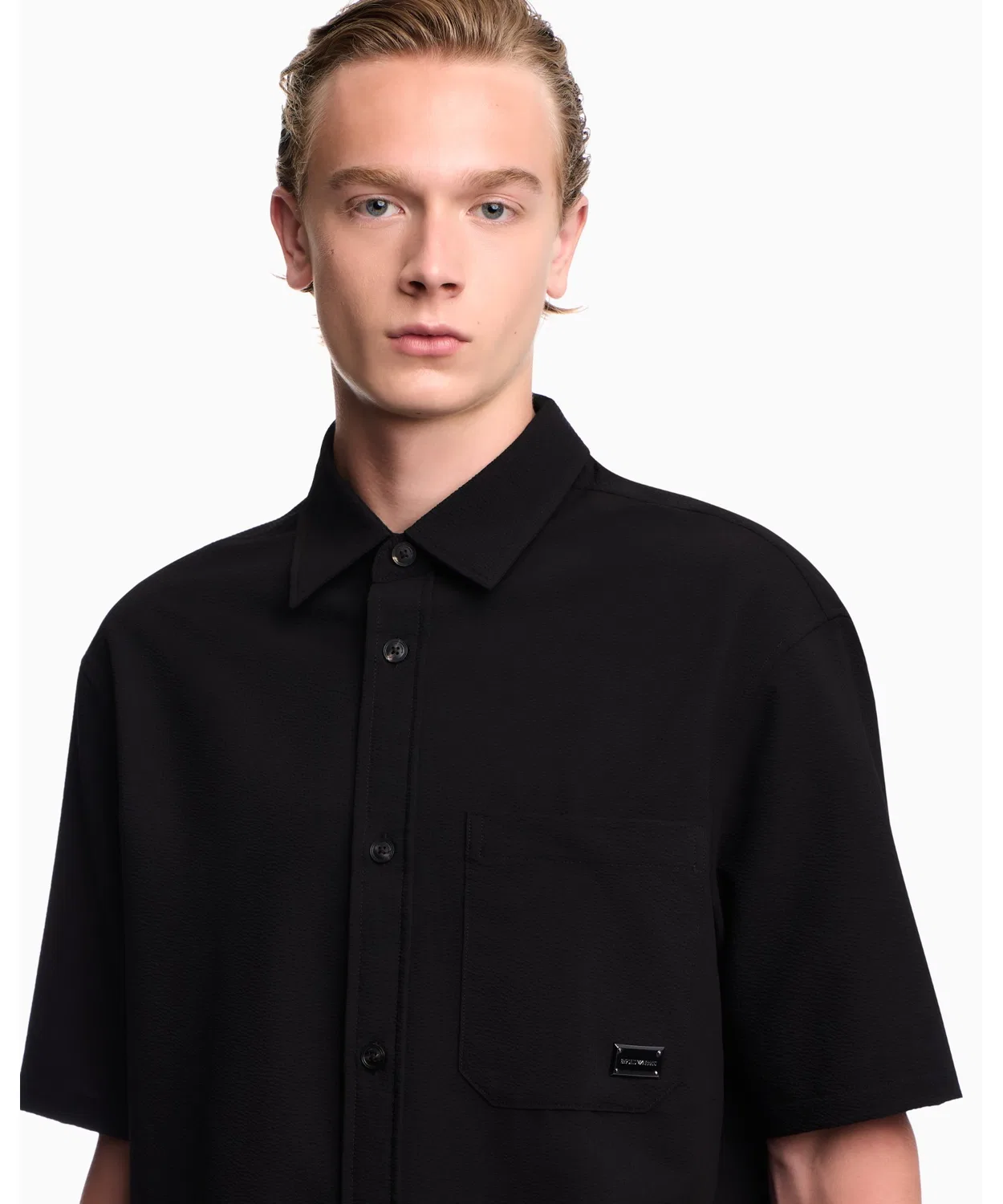 Мужская рубашка-пуховик с коротким рукавом Regular Fit Seersucker Emporio Armani, Navy — фото 2