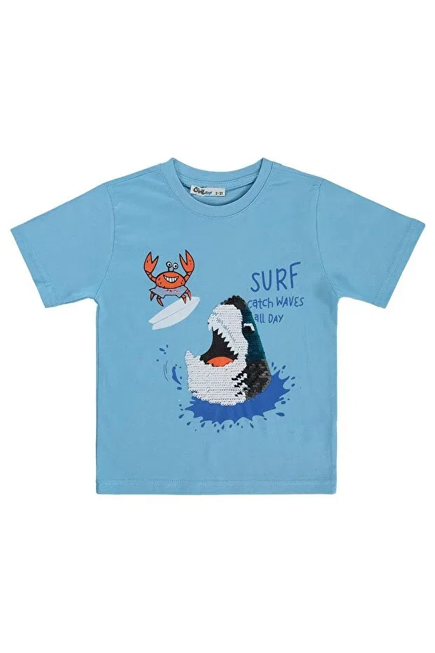 Детская футболка для мальчиков с вышивкой Sequin Embroidered Shark Civil Boys, Turquoise