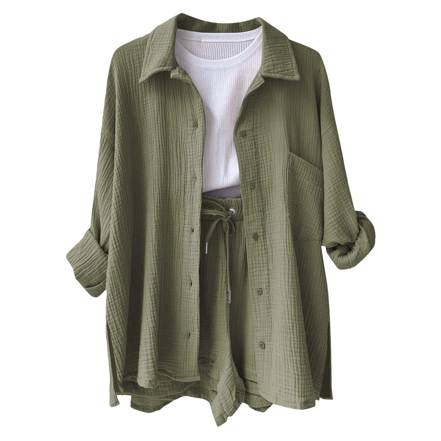 Женская льняная блузка с длинным рукавом, Army Green