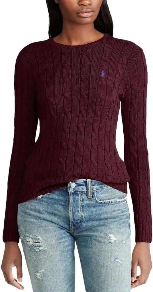Женский пуловер с круглым вырезом и косами, модель Pony Logo, POLO RALPH LAUREN, Aged Wine — фото 3