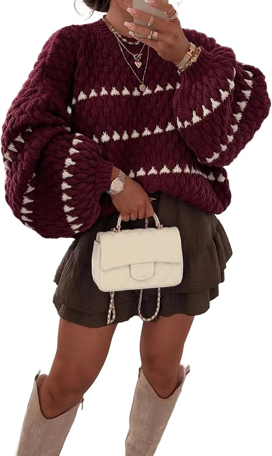 Женский свитер с косами, модель Cozy Two Tone Cable Knitted Pullover