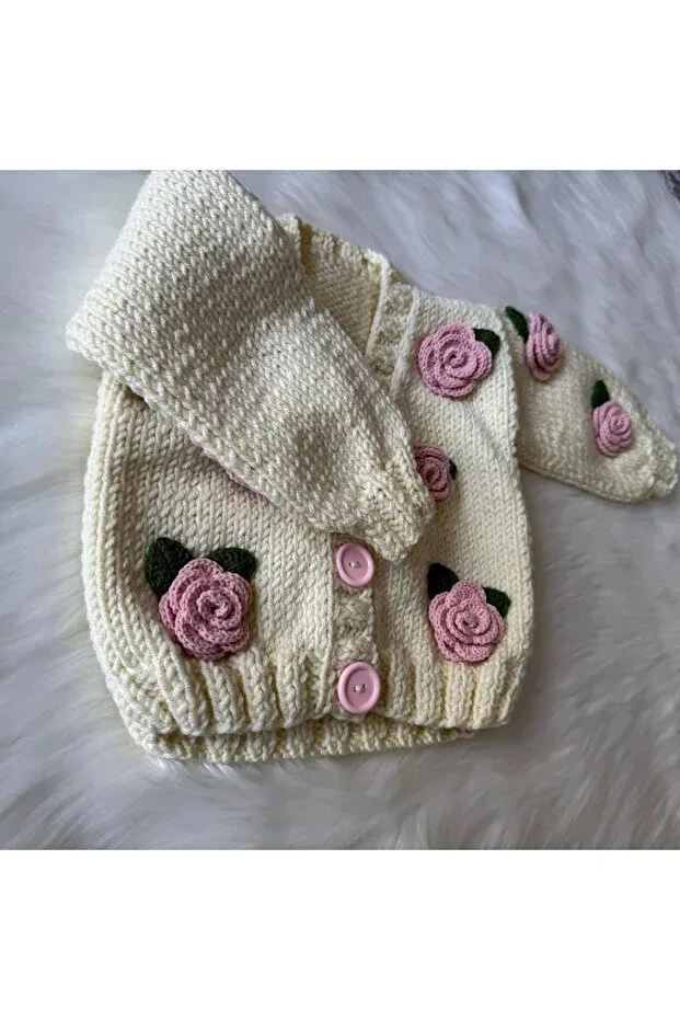 Детский кардиган для девочек с принтом Rose crop Children's Cardigan Hand Knitted Baby Cardigan Baby Gift Alize Home, Цвет Ecru — фото 2