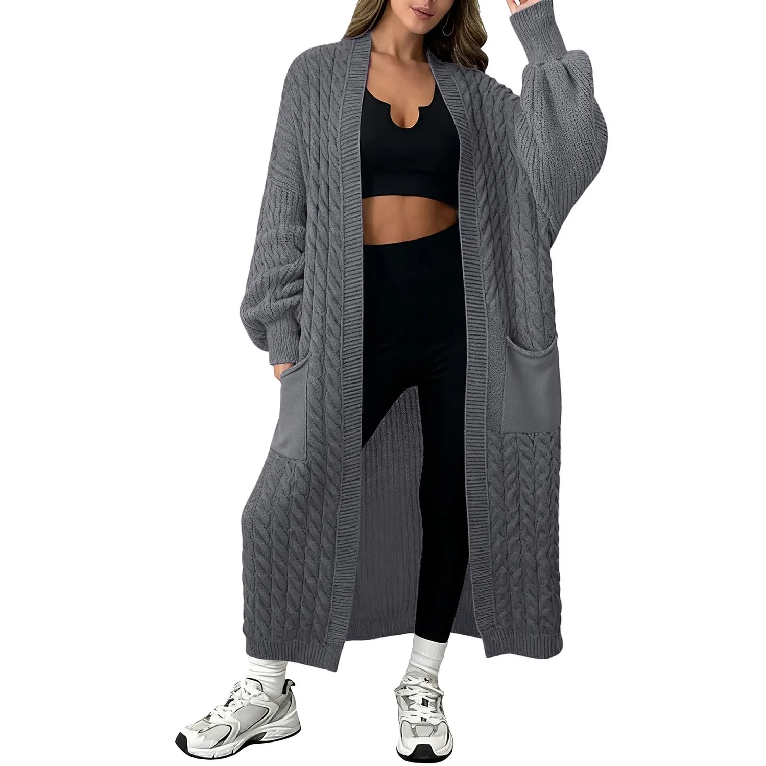 Женский удлиненный кардиган крупной вязки с карманами Plian Elegant Open Front Coat, Grigio