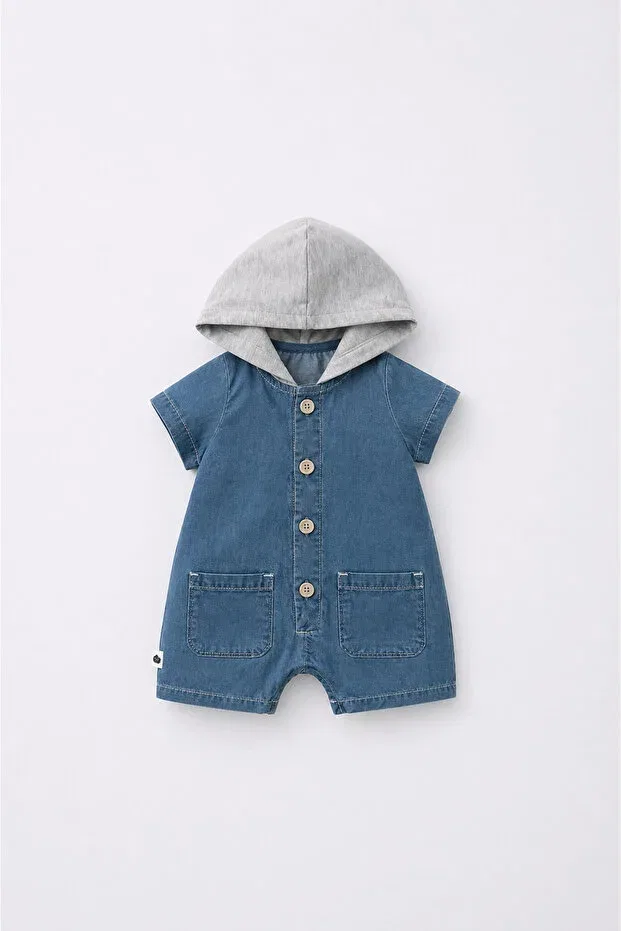 Детское боди-комбинезон с капюшоном джинсовый Unisex hooded baby romper Dadamama, Blue — фото 3