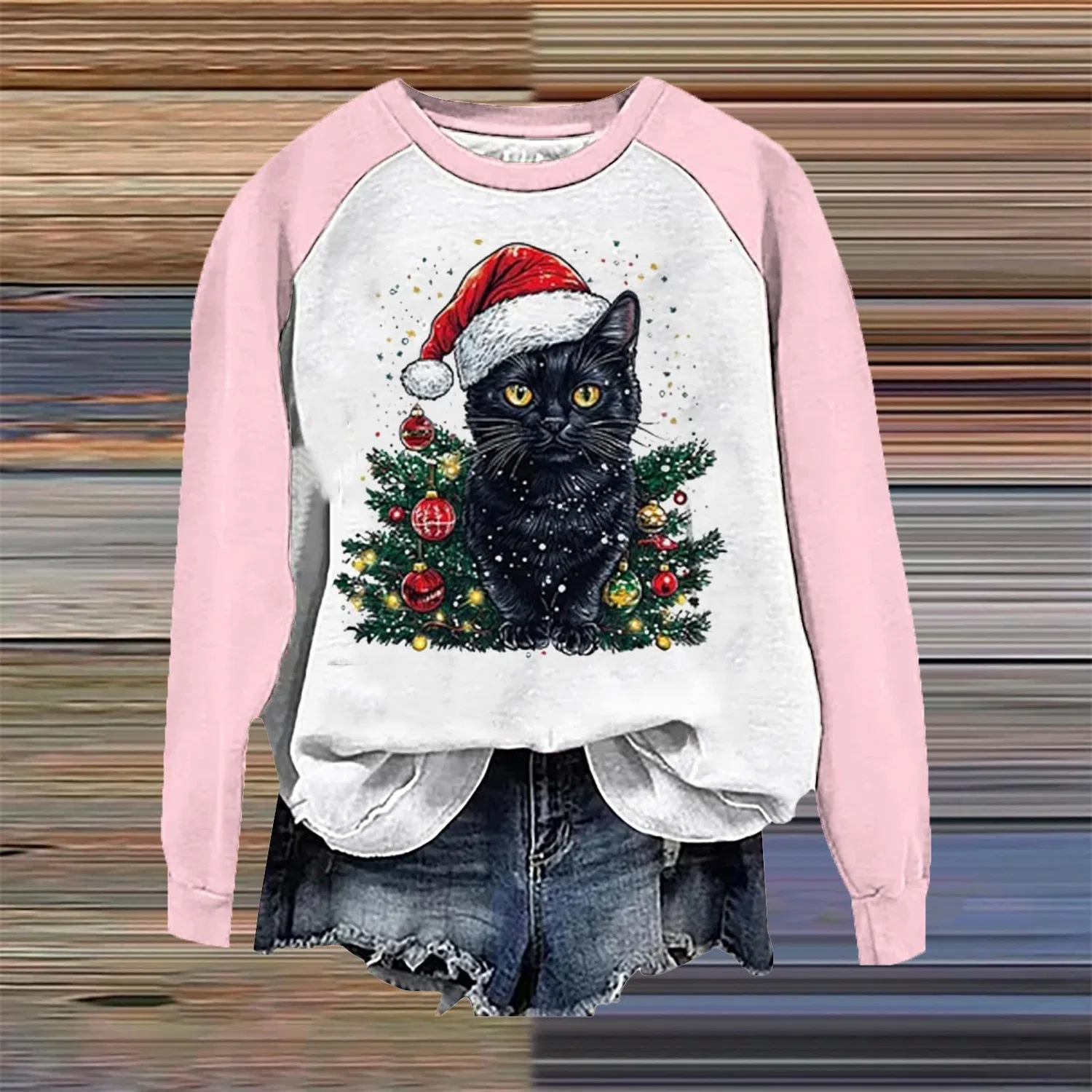 Женский свитшот с принтом Christmas Tree Funny Cat Say What Woman Pullover, Z11 Pink — фото 2