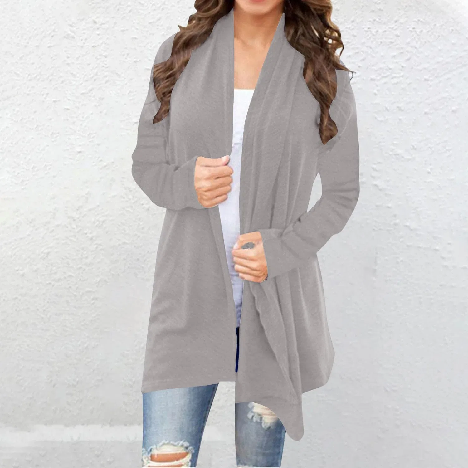 Женский кардиган с длинным рукавом Oversized Long Knit Open Front, Bright Grey (Ral 7035) — фото 2