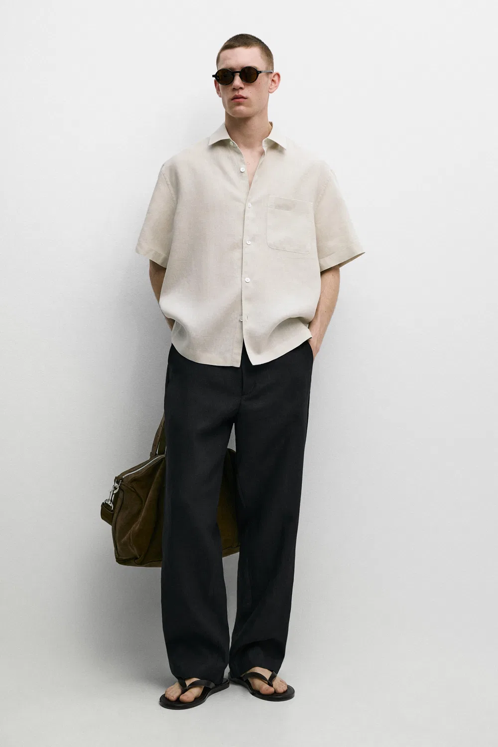 Рубашка с коротким рукавом, стандартный крой, 100% лен Massimo Dutti, бежевый
