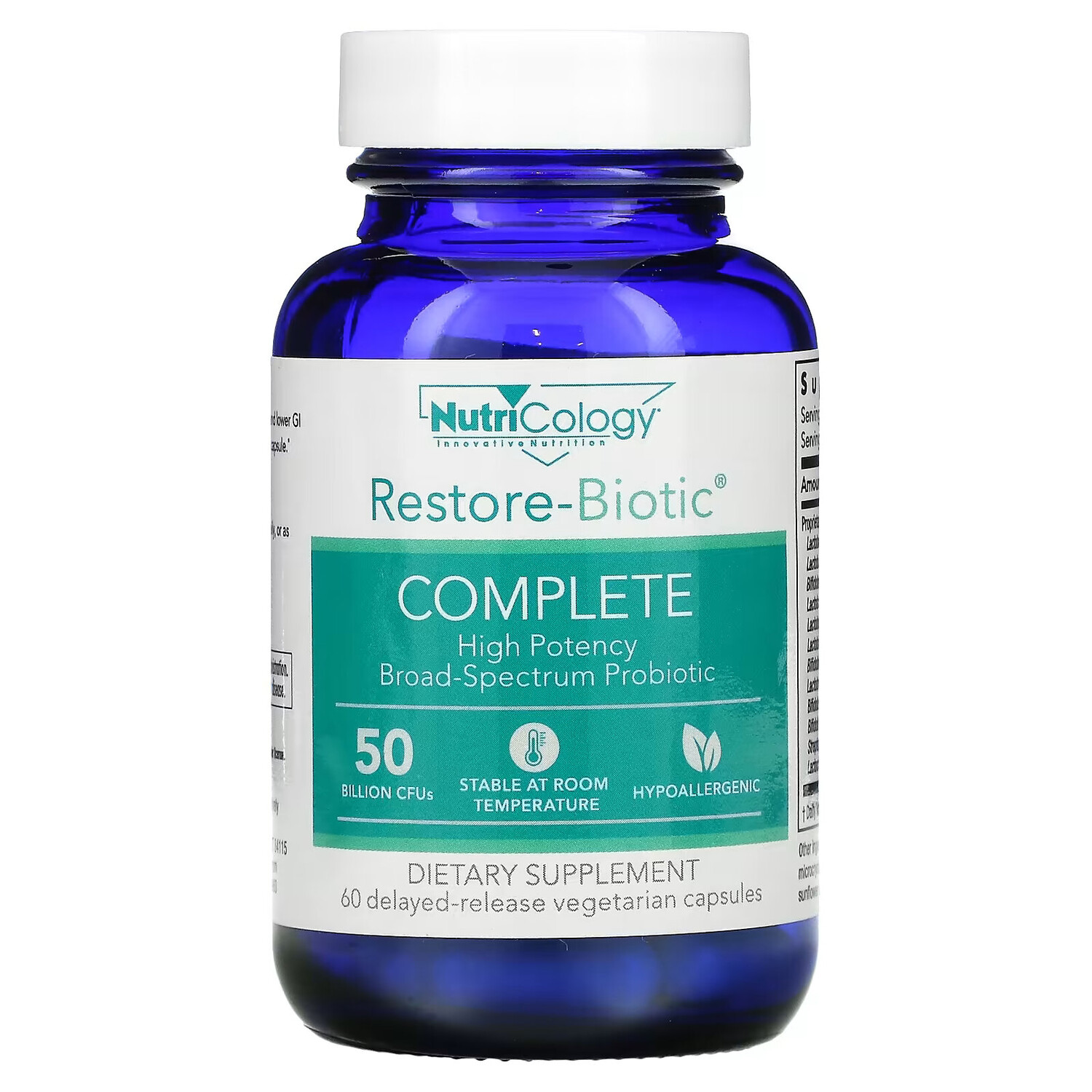 

Nutricology, Restore-Biotic Complete, 50 миллиардов, 60 вегетарианских капсул с отсроченным высвобождением