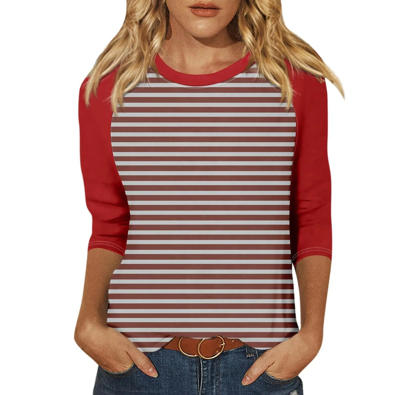 Женская майка с цветочным принтом Floral Print Round Neck Long Sleeve Lace Top, Red-3
