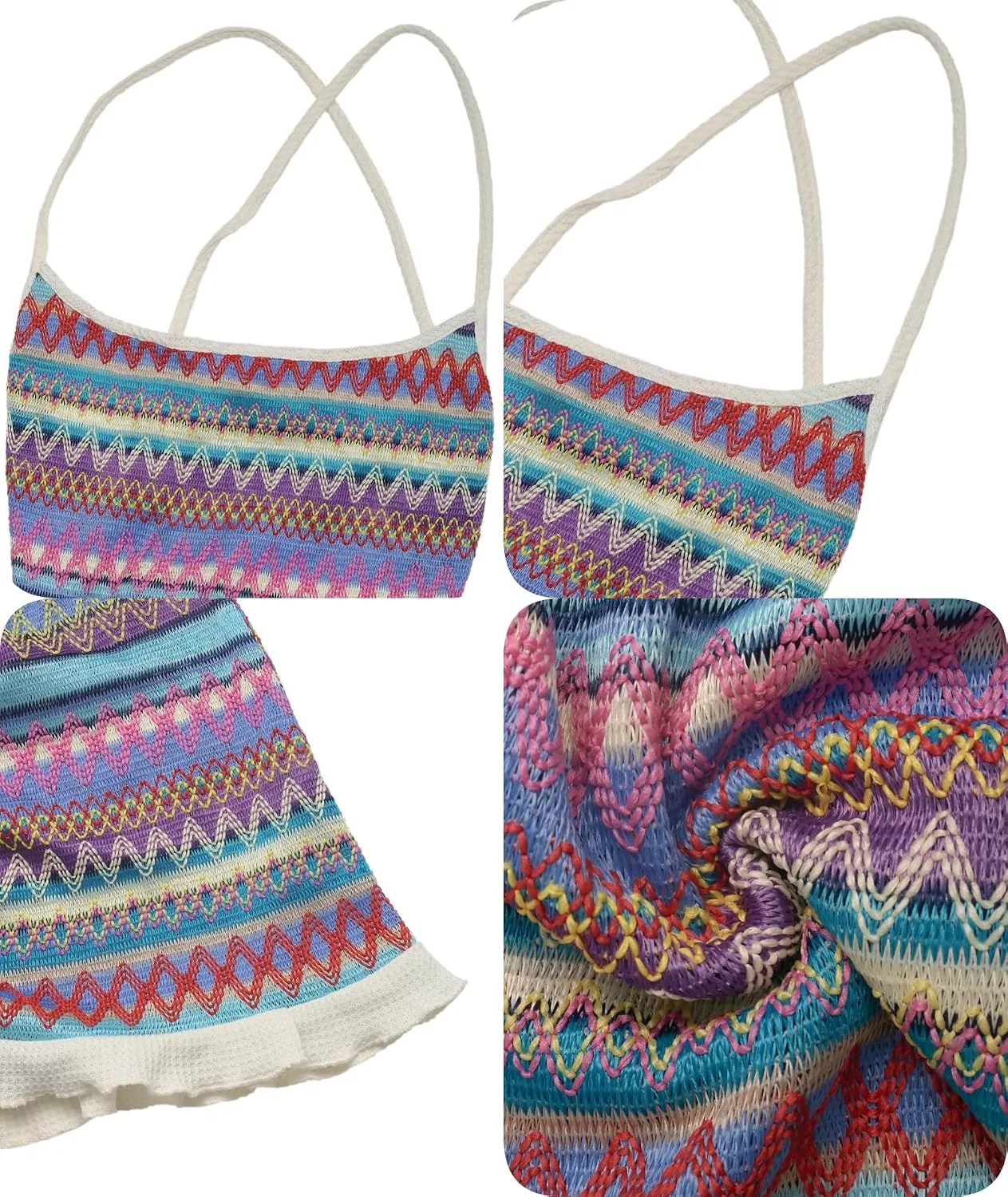 Женское летнее платье мини с принтом, модель Summer Boho Crochet Striped, синий — фото 4