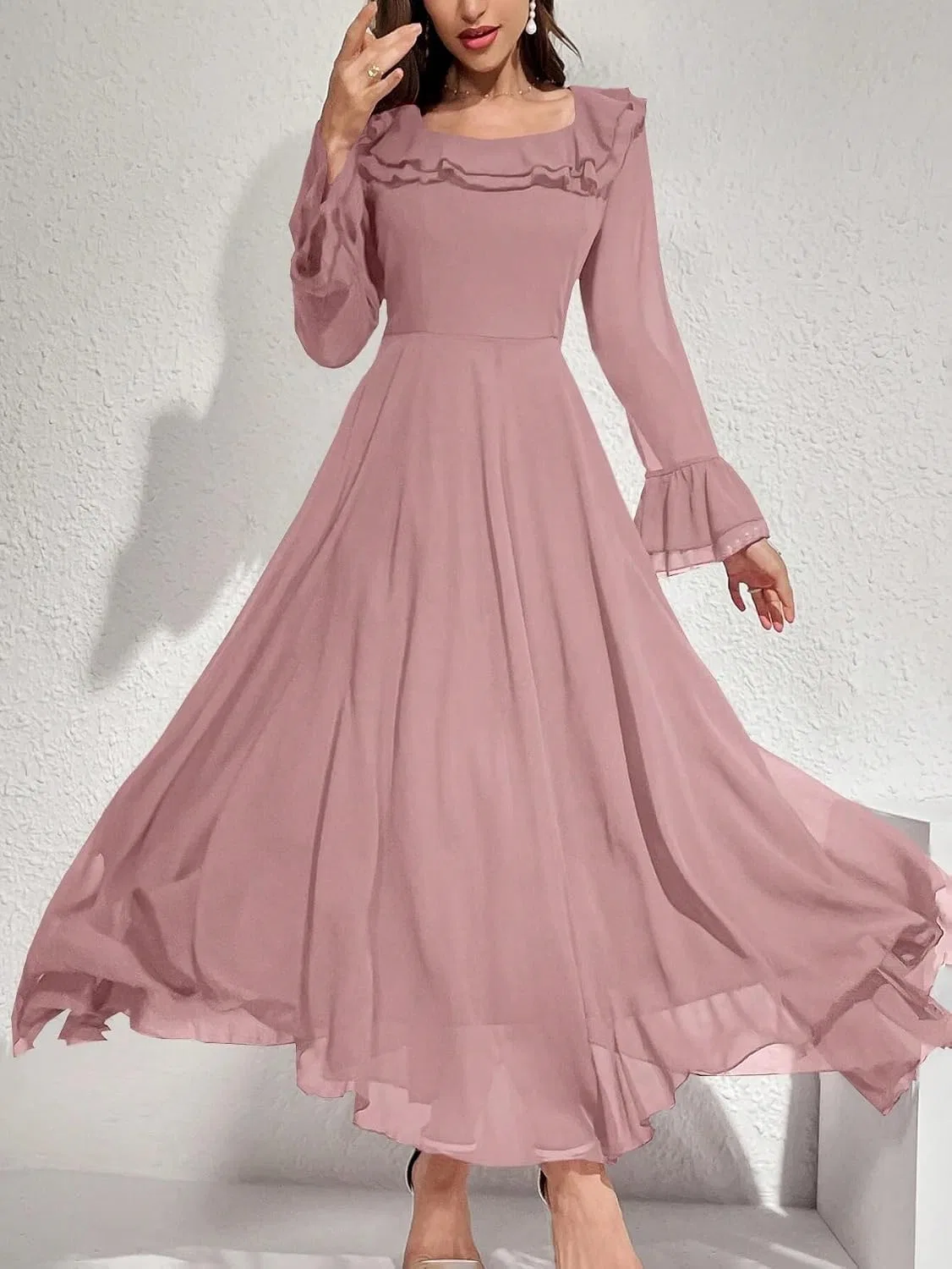 Женское платье миди A-line с асимметричным вырезом, Pink — фото 3