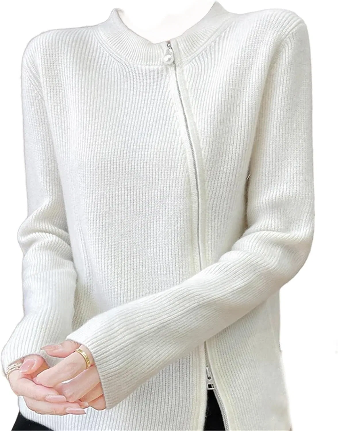 Женский свитер на молнии, с длинным рукавом, Merino Wool Diagonal Zip Cardigan, белый