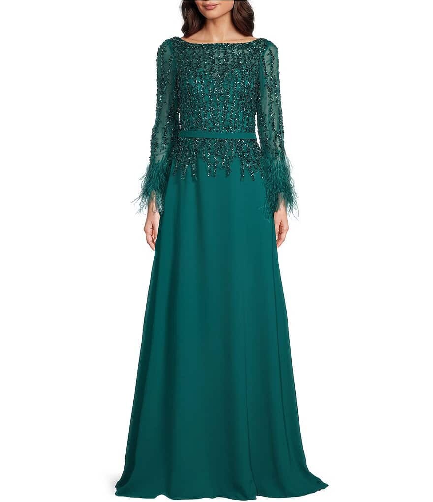 

Terani Couture Каскадное платье трапециевидной формы с вырезом «лодочка» и перьями на рукавах и поясом, зеленый