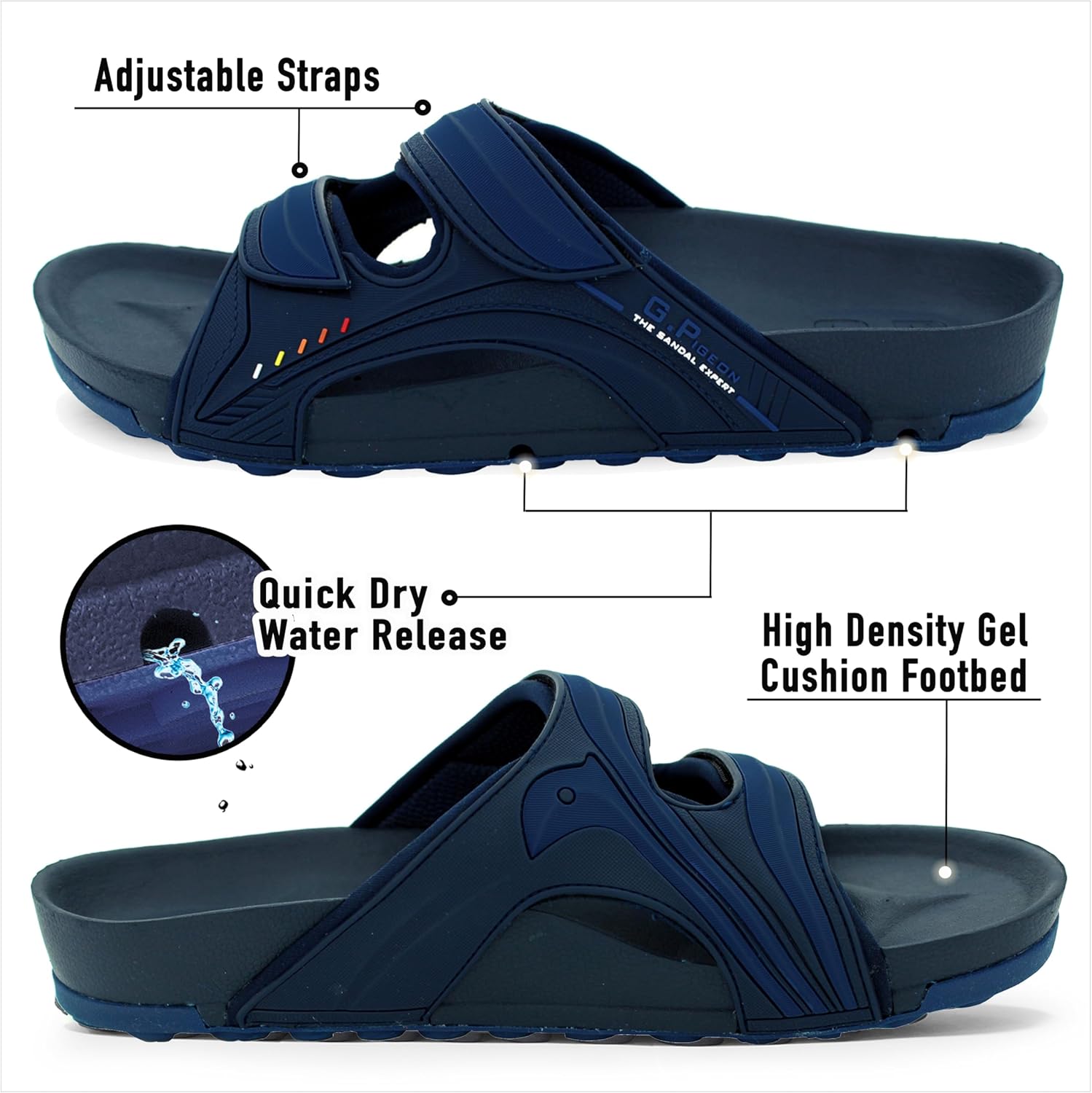 Сандалии Gold Pigeon Shoes PIRO унисекс с ортопедической стелькой Orthoheel, высокоплотным гелем и подошвой с водоотведением, 9030 Navy-22 — фото 2