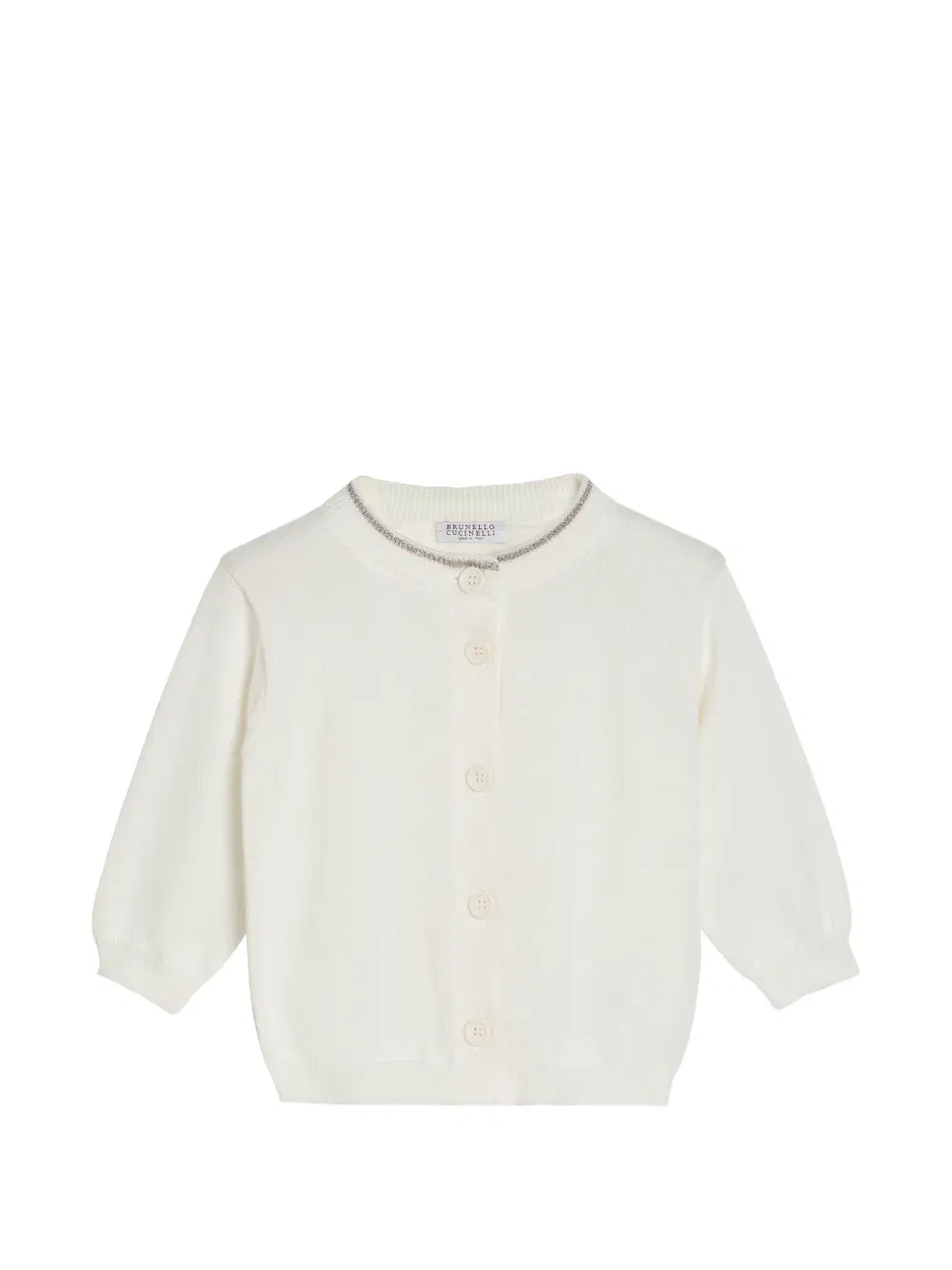 Хлопковый кардиган Baby Bernie с блестящим вырезом Brunello Cucinelli Kids, нейтральный