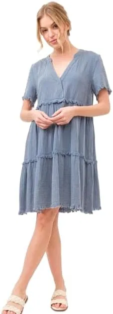 Женское повседневное платье с бахромой Washed Frayed Detail Tiered Dress, Blue