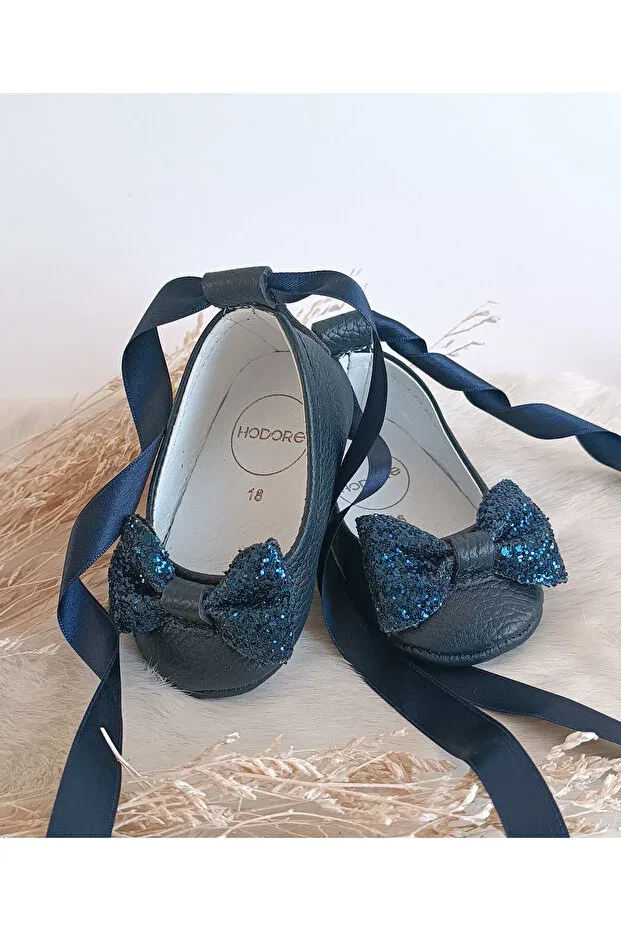 Детские балетки для девочек из натуральной кожи Perla stone navy blue genuine leather baby ballerina shoes Hodore, Navy Blue With Stones — фото 2