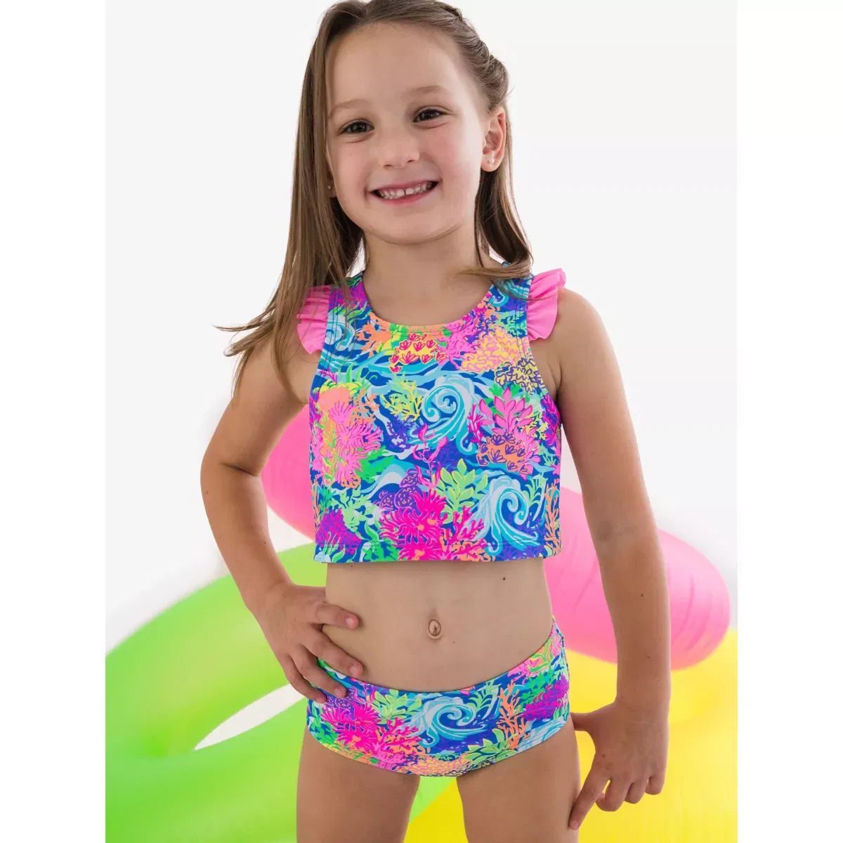 Детский танкини-комплект для девочек с принтом Flutter Tankini RuffleButts, Neon Ocean Coral — фото 3