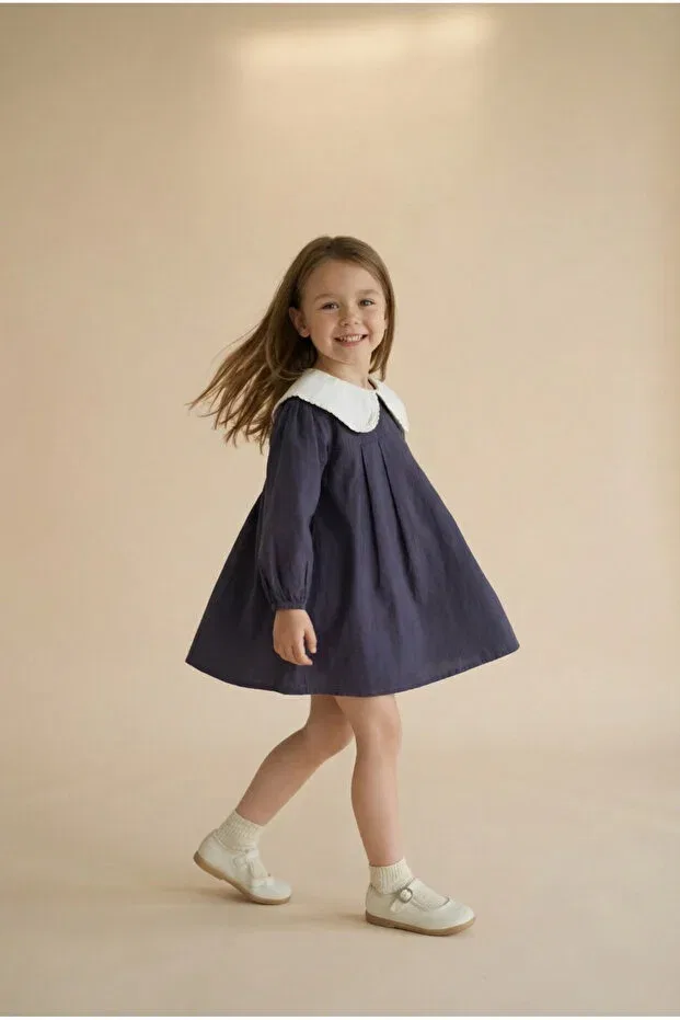 Детское платье для девочек хлопковое Collared Poplin Dress Blumi Kids, Plum — фото 3