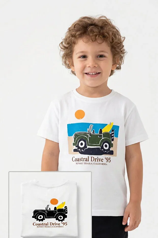 Детская футболка для мальчиков с принтом Car Graphic Men's T-Shirt Escabel, White