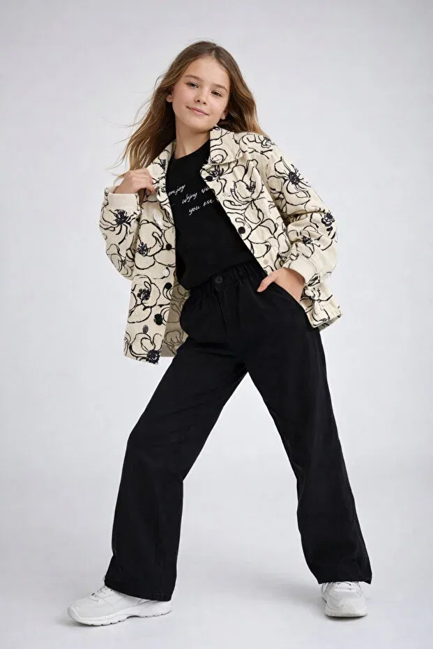 Детский комплект для девочек с принтом Jacketed Gabardine Suit Turuncu Gardrop, Black