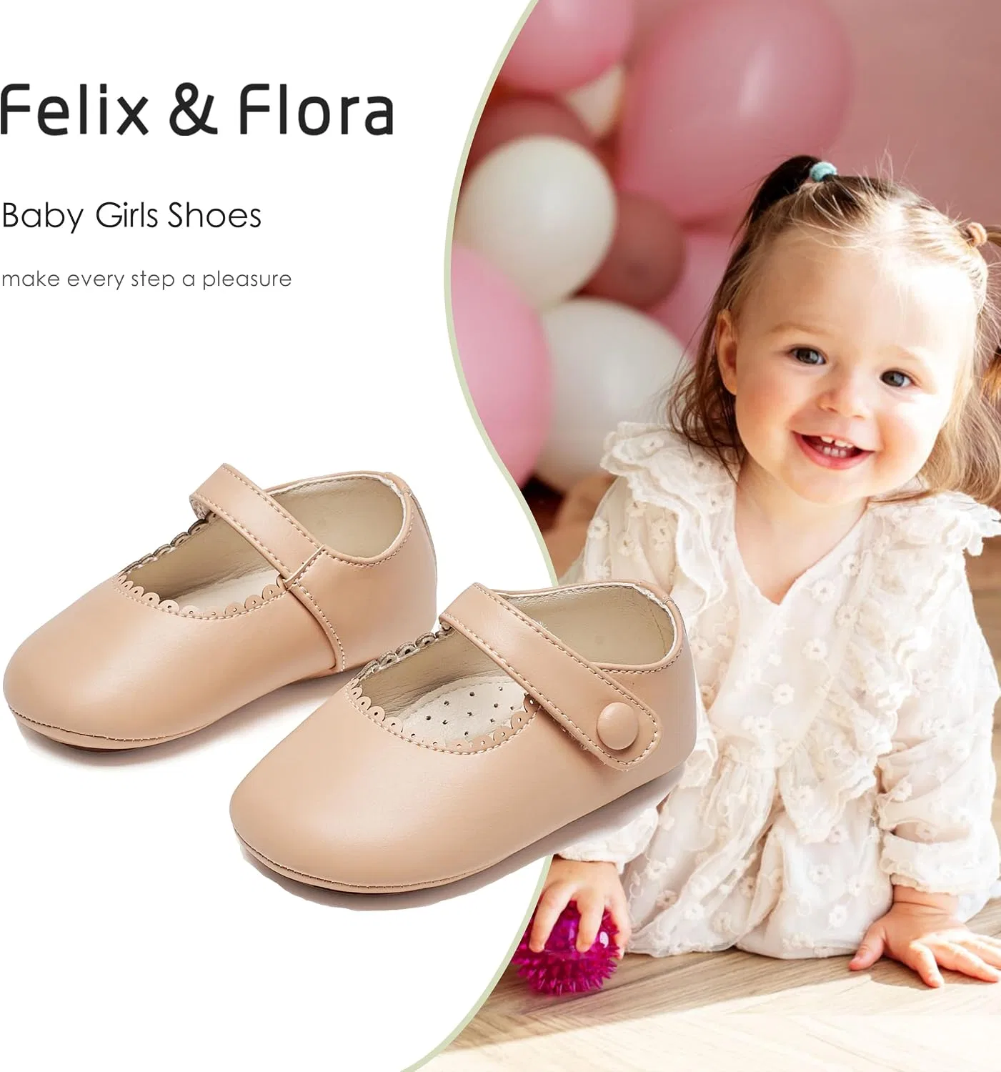 Детские туфли Мэри Джейн на мягкой подошве Moccasins Rubber Sole Crib Shoes Felix & Flora, Nude — фото 4