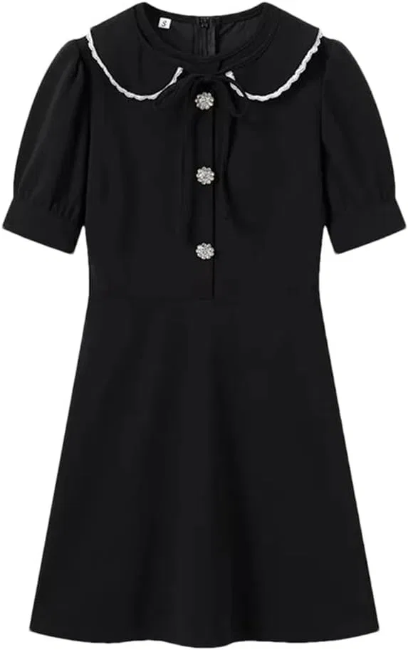 Женское платье с отстегивающимся воротником и коротким рукавом, Black