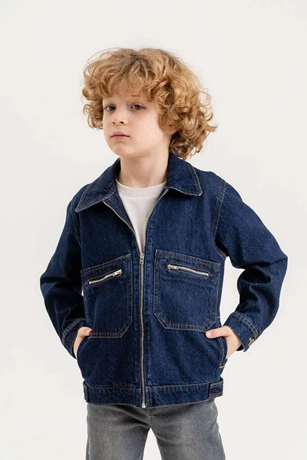 Детская куртка джинсовая с принтом Zippered double pocket Dazzledkids, Navy Blue — фото 2