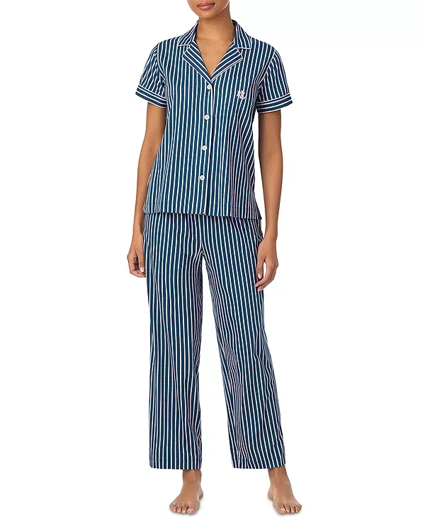 Женская пижама с принтом Short Sleeve Classic Knits Notch Collar Ankle Pant Pajama Set Ralph Lauren, Multi Stripe