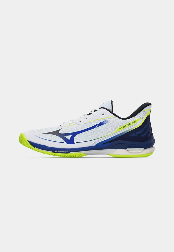 Теннисные кроссовки wave exceed tour 7 ac для игры на всех типах кортов Mizuno, White/Dazzling Blue/Lightning Yellow — фото 2