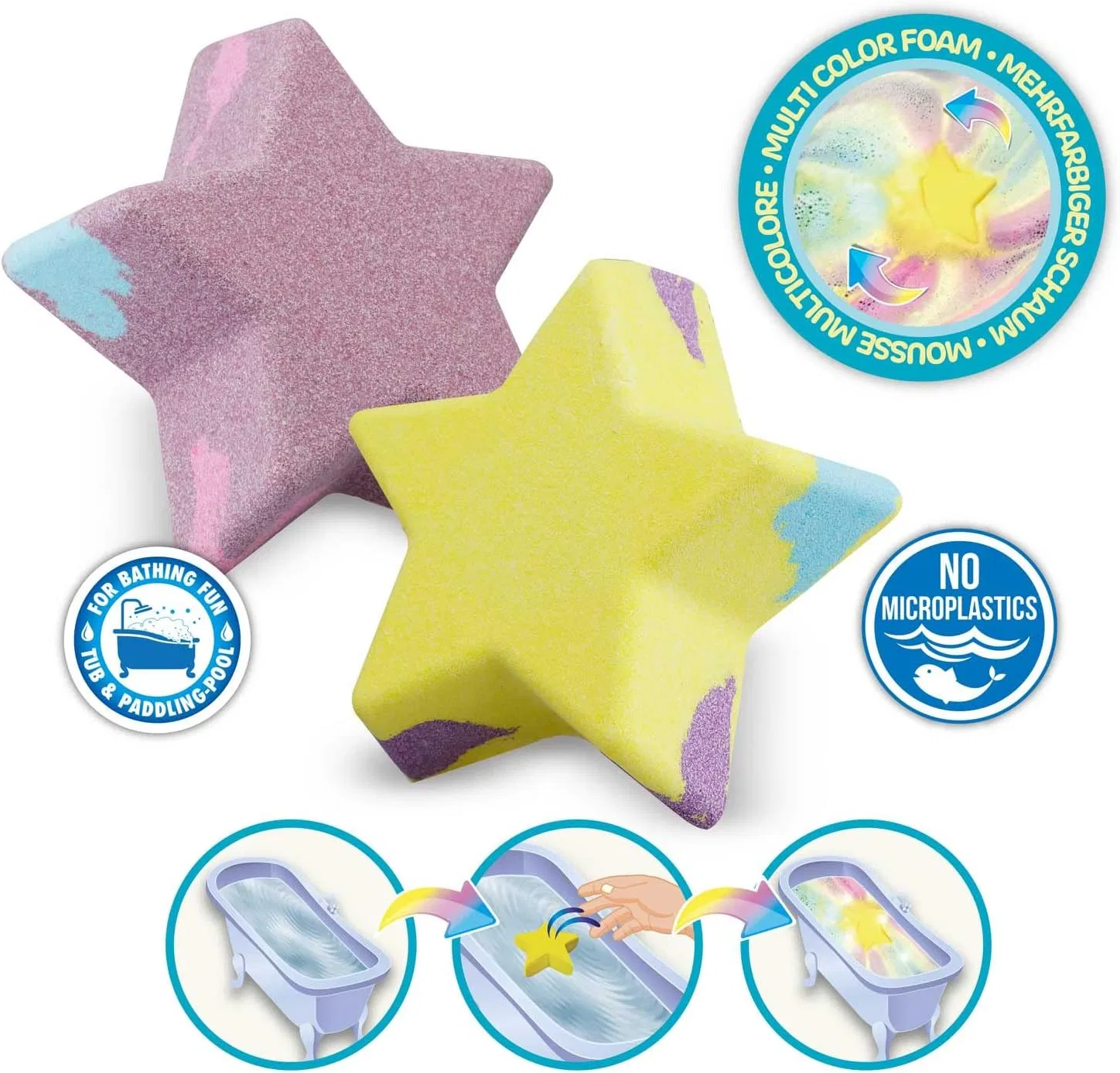 Детская бомбочка для ванны INKEE Foamy Star, набор 2 шт, 140 г, Blueberry, Желтый и Фиолетовый — фото 2
