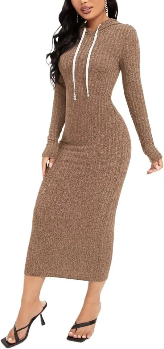 Женское платье с капюшоном и длинным рукавом Rib-Knit, Mocha Brown