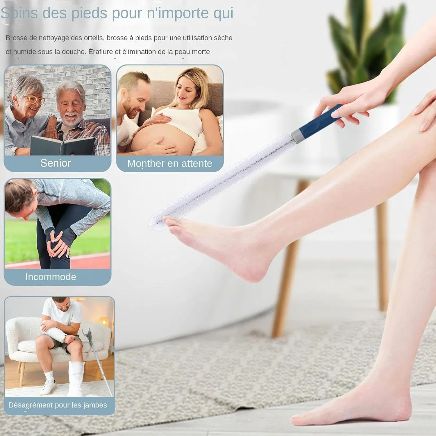Телескопическая щетка для ног, ABS+нержавеющая сталь, 39 см, Синий Generic — фото 4