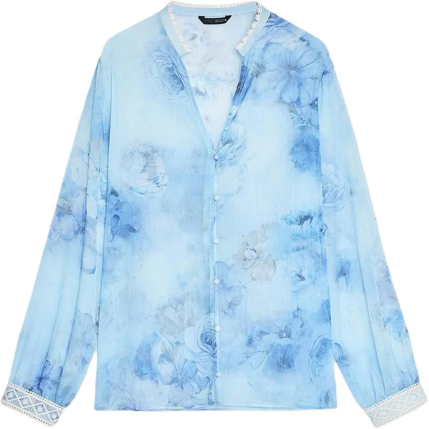 Женская рубашка с круглым вырезом Blue/White ZARA