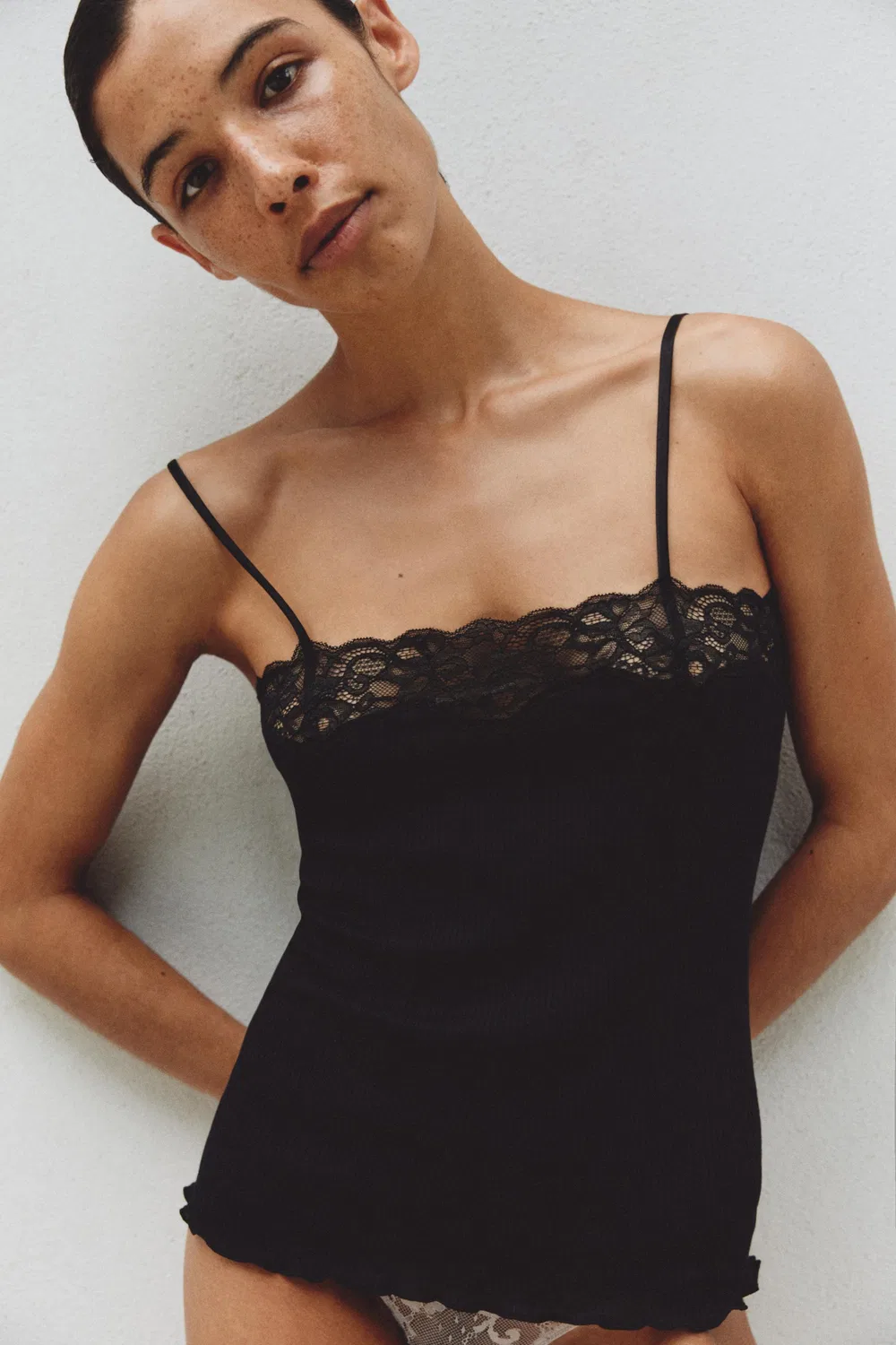 Ребристый кружевной топ ZARA, Black — фото 3