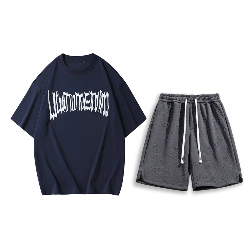 Детский комплект из футболки и шорт с принтом Lightning X Storm, Navy Blue Short-Sleeved Shirt + Dark Gray Embossed Shorts