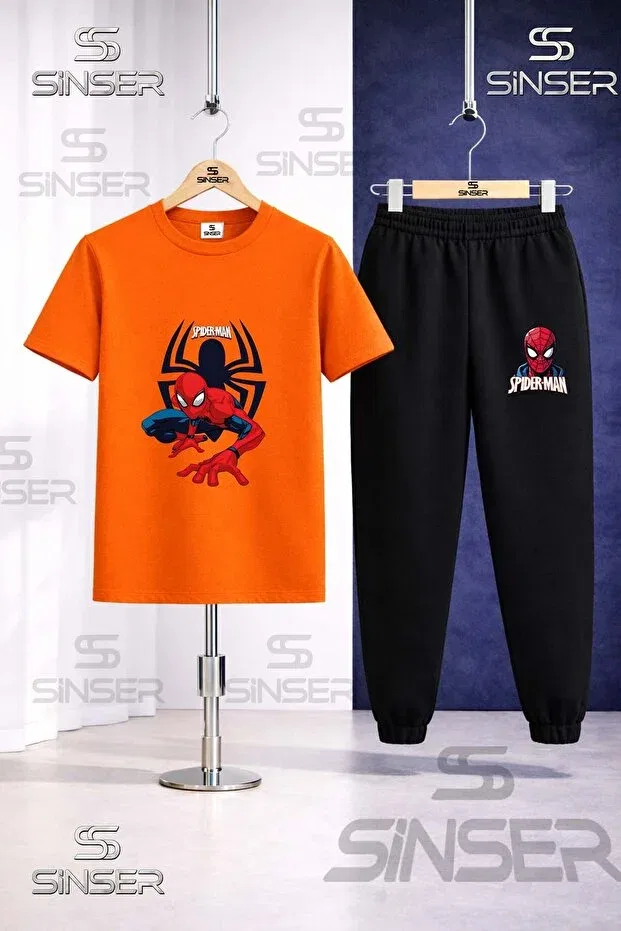 Детский спортивный костюм для девочек с принтом Orumcekman Orumcegin Onunde 3lu Square In The Square 3lü T-shirt Tracksuit Set Ss Sinser, Blue - Orange - Yellow — фото 3
